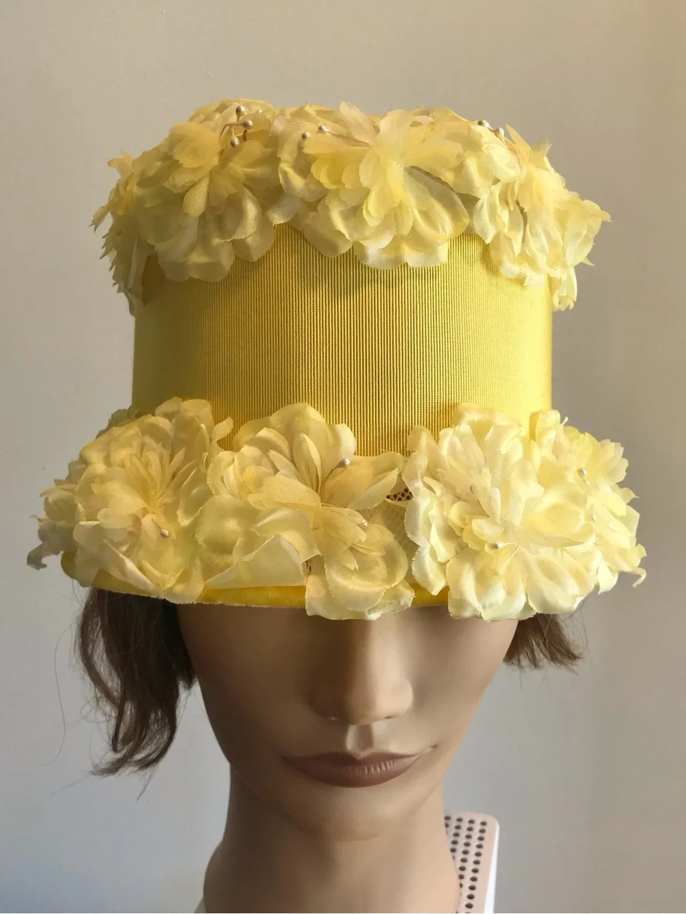 Authentic Vintage 60s Yellow Floral Bucket Cloche Hat Rare Mid-Century Millinery